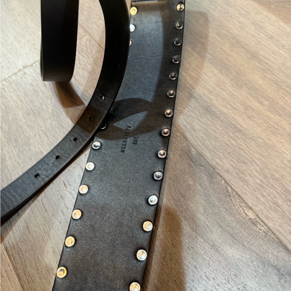 AllSaints Black Leather Studded Belt with Silver Accents - Picture 3 of 6